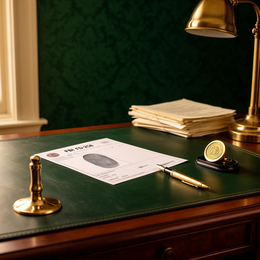 Atlanta mobile fingerprinting and notary studio — FBI FD-258 cards on an emerald leather desk pad